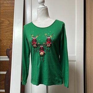 Kim Rogers Green Long Sleeve Blouse with Red Embellishments